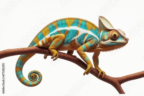 Close-up of Chameleon on the branch on white background background