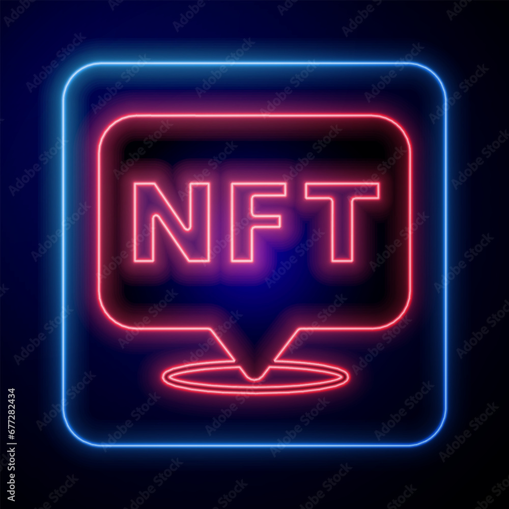 Glowing neon NFT Digital crypto art icon isolated on black background. Non fungible token. Vector - obrazy, fototapety, plakaty 