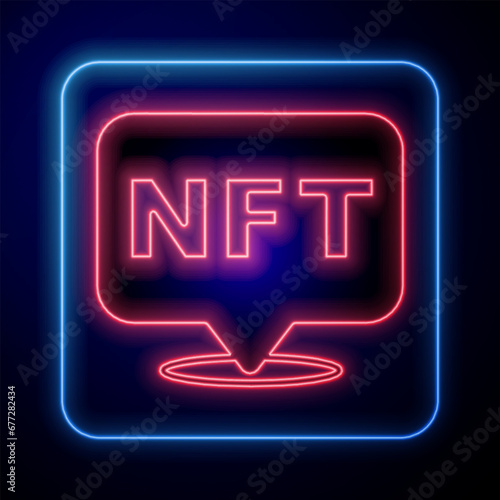 Glowing neon NFT Digital crypto art icon isolated on black background. Non fungible token. Vector