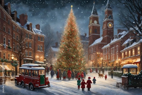 Capture the magic of a snowy town square on Christmas Eve, with a towering Christmas tree, carolers singing, and children eagerly waiting for Santa's arrival