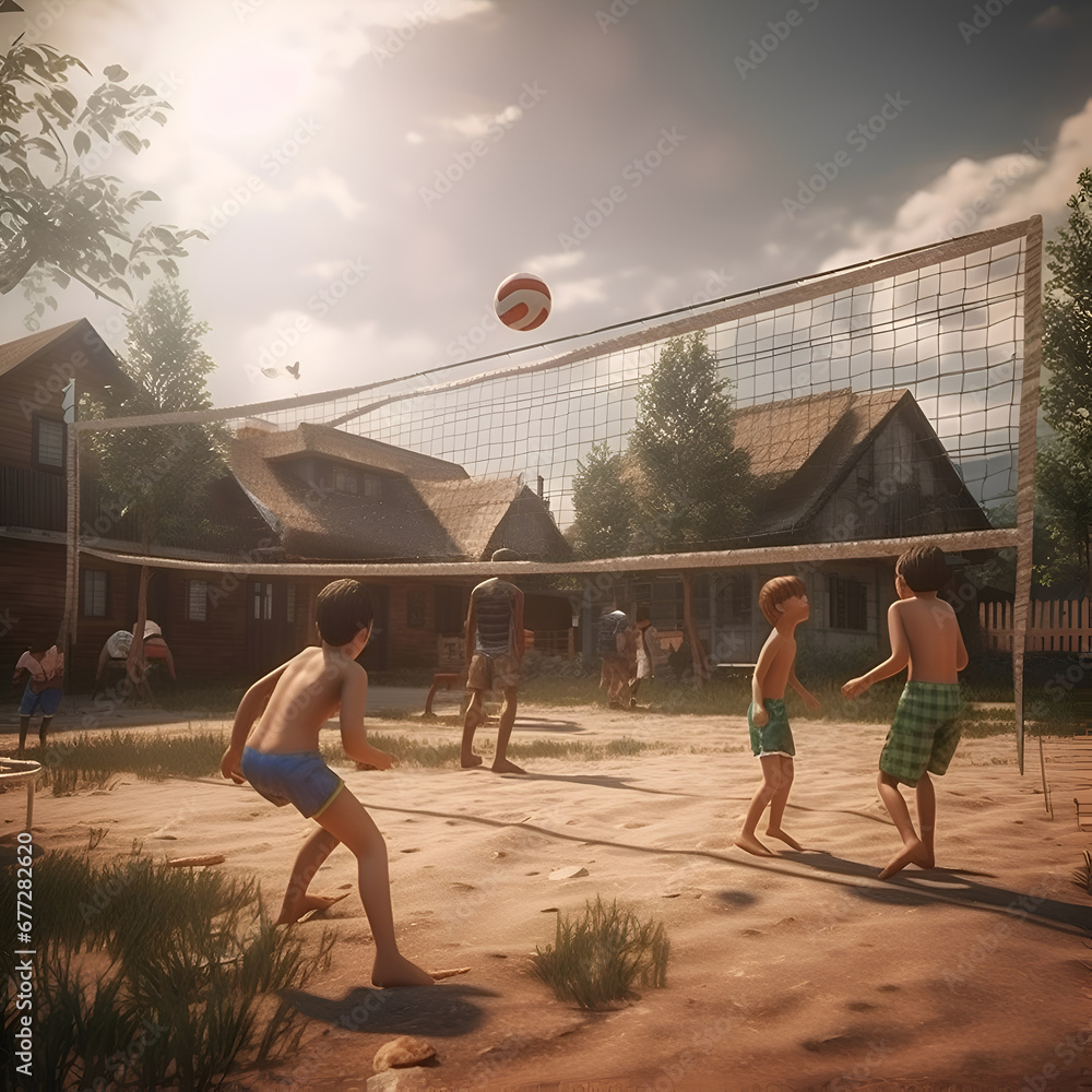 Children playing beach volleyball in the village on a sunny summer day.