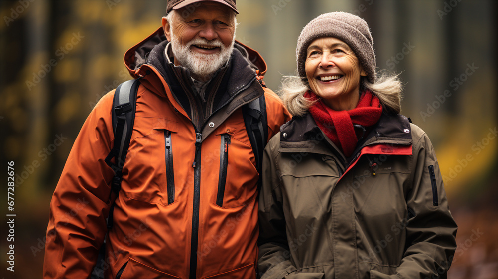 Portrait of an older couple in the park.Old couple walking outside in autumn Portrait of an older couple in the park.Old couple walking outside in autumn