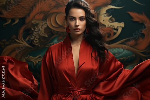 Beautiful young woman in drees with chines dragon on the background. Chines New Year concept. AI generative photo