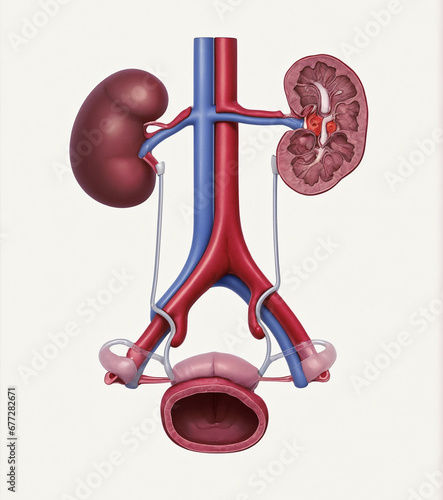 3D render depicting human organ sections - ureter, bladder, and kidney. Medical illustration of excretion process and urinary anatomy