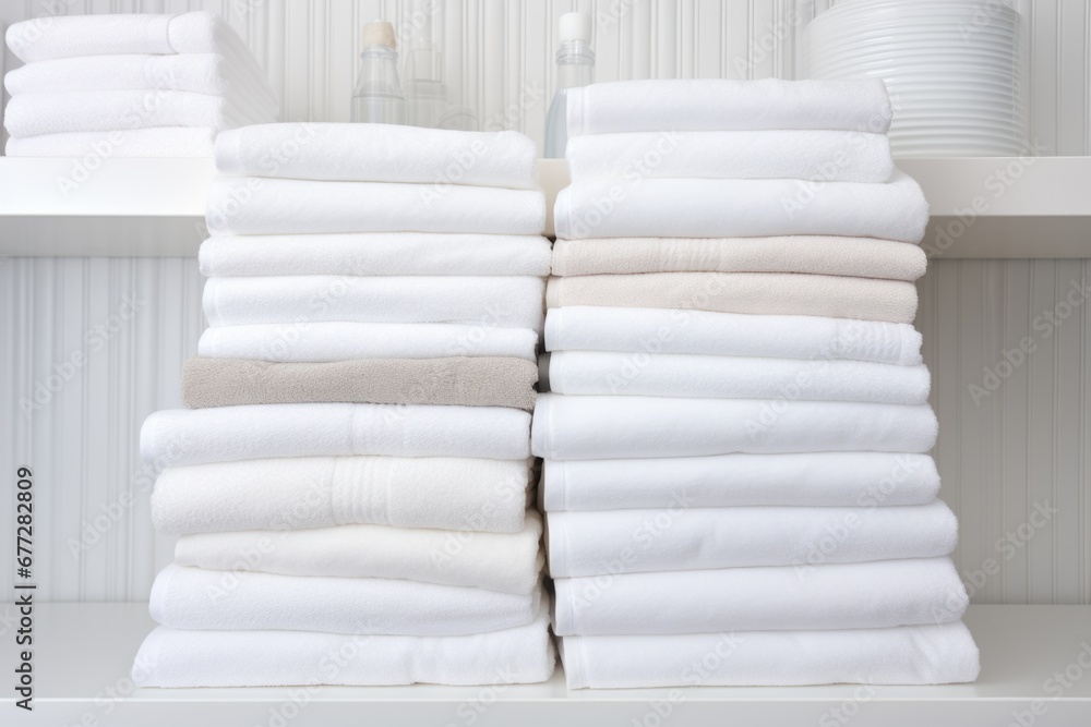 A stack of folded towels on a shelf