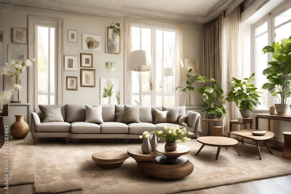 Interior of living room with decorative vases and sofas.