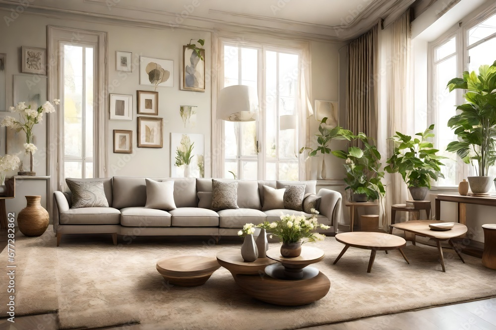 Fototapeta premium Interior of living room with decorative vases and sofas.