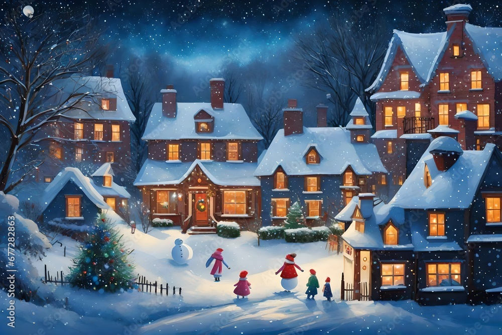 Envision a winter scene where children are building snowmen and having a snowball fight, surrounded by houses adorned with twinkling Christmas lights