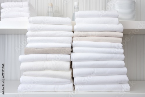 A stack of folded towels on a shelf