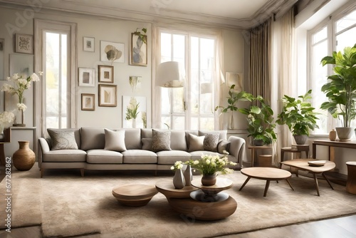Interior of living room with decorative vases and sofas.