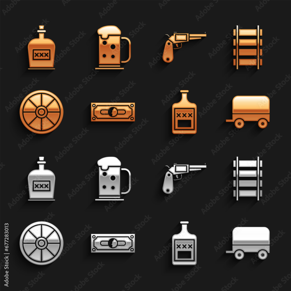 Set Stacks paper money cash, Railway, railroad track, Wild west covered wagon, Whiskey bottle, Old wooden wheel, Revolver gun, Alcohol drink Rum and Wooden beer mug icon. Vector Set Stacks paper money cash, Railway, railroad track, Wild west covered wagon, Whiskey bottle, Old wooden wheel, Revolver gun, Alcohol drink Rum and Wooden beer mug icon. Vector