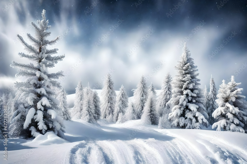 Christmas background with snowy fir trees