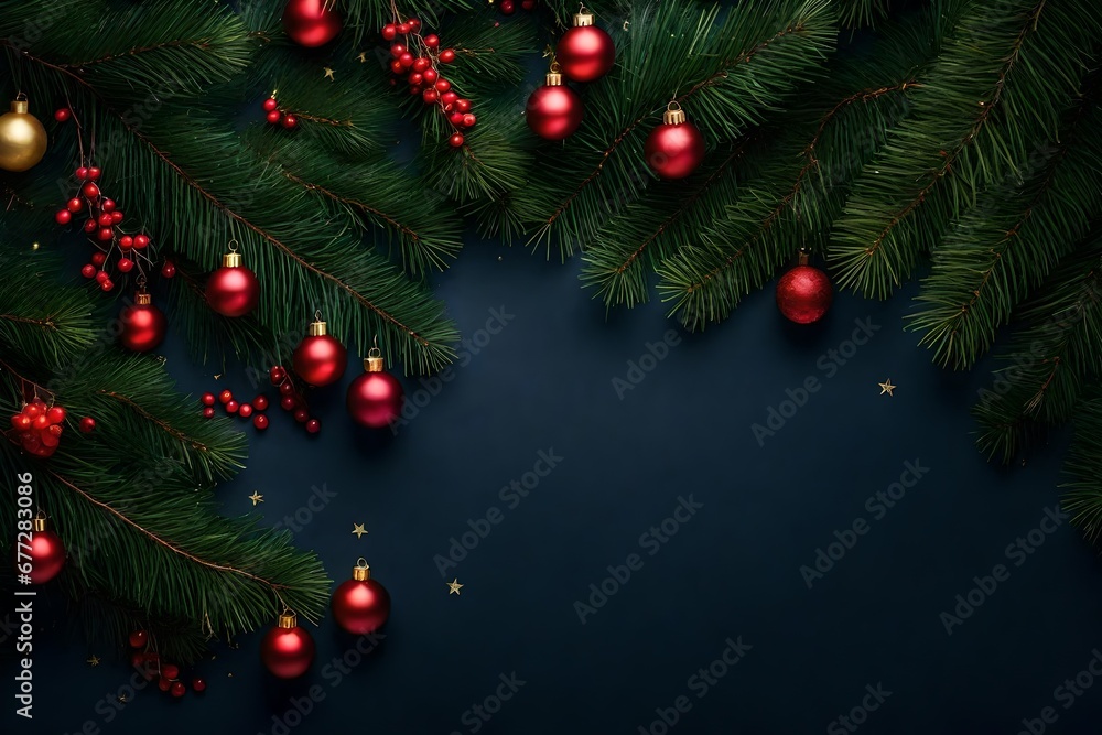 Holiday's Background with Season Wishes and Border of Realistic Looking Christmas Tree Branches Decorated with Berries, Stars and Candy Canes.
