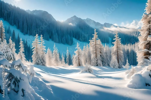 Incredible winter landscape with snowcapped pine trees under bright sunny light in frosty morning. Amazing nature scenery in winter mountain valley. Awesome natural Background. Soft light effect © Muhammad
