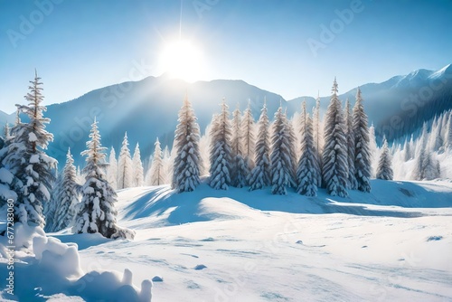 Incredible winter landscape with snowcapped pine trees under bright sunny light in frosty morning. Amazing nature scenery in winter mountain valley. Awesome natural Background. Soft light effect © Muhammad