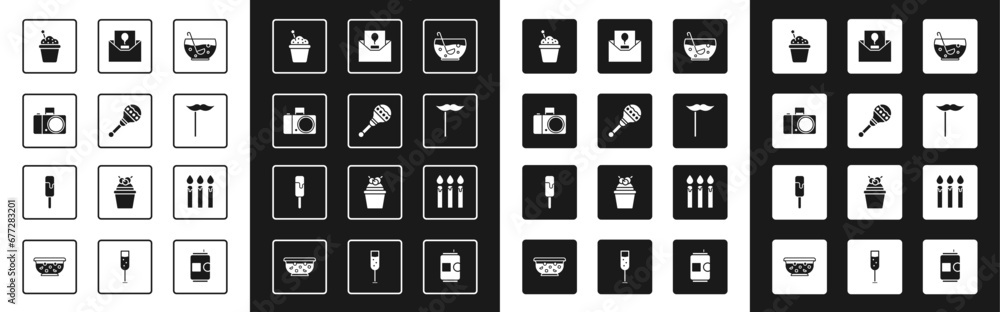 Set Mixed punch in bowl, Maracas, Photo camera, Cake, Paper mustache on stick, Invitation, Birthday cake candles and Ice cream icon. Vector Set Mixed punch in bowl, Maracas, Photo camera, Cake, Paper mustache on stick, Invitation, Birthday cake candles and Ice cream icon. Vector