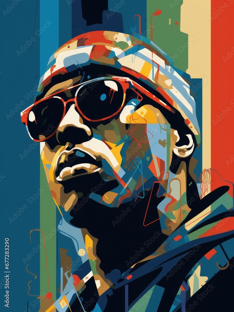 Hip Hop, Rap music singer modern wall art poster. Сolorful abstract portrait of a black rapper