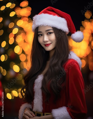 Beautiful girl in a Santa Claus hat. Asian model beauty portrait.