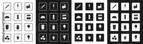 Set Fast street food cart, Chocolate bar, Taco with tortilla, Grilled shish kebab, Street stall awning, Fried sausage, Cotton candy and Coffee cup go icon. Vector