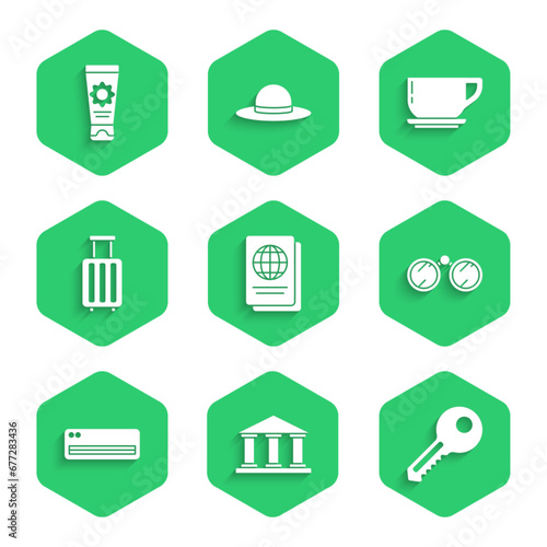 Set Passport, Museum building, Key, Binoculars, Air conditioner, Suitcase, Coffee cup and Sunscreen cream tube icon. Vector