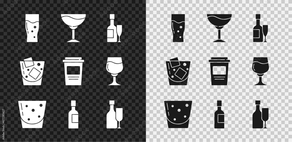 Set Glass of beer, Wine glass, Champagne bottle and, rum, with, whiskey and Coffee cup to go icon. Vector Set Glass of beer, Wine glass, Champagne bottle and, rum, with, whiskey and Coffee cup to go icon. Vector