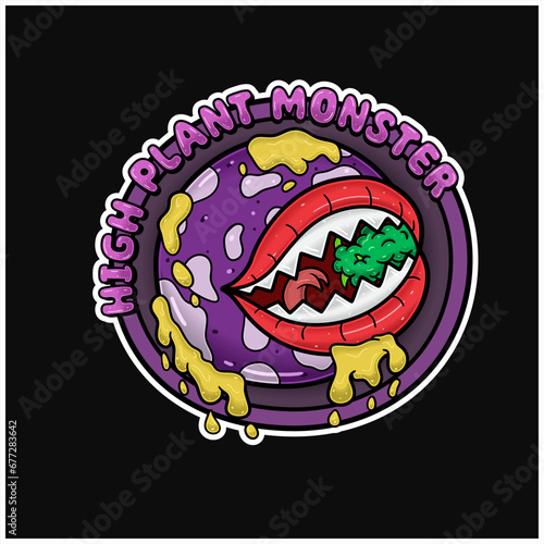 Plant Monster Biting Weedbud Logo and High Plant Monster Text. Weed Design For Logo, Label, Shop, Store and Packaging Product.