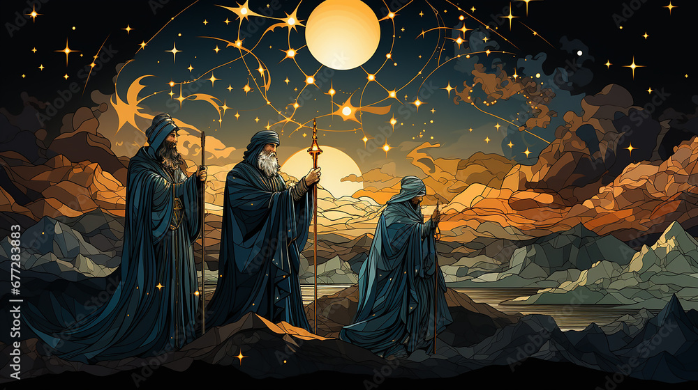  Three Kings and the guiding star against a backdrop of a clear and breathtaking night sky.three Wise Men silhouetted with room for copy.  - obrazy, fototapety, plakaty 