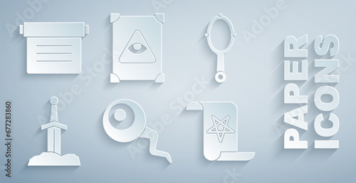 Set Eye, Magic hand mirror, Sword in the stone, Ancient magic book, and icon. Vector