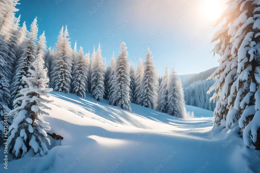 Incredible winter landscape with snowcapped pine trees under bright sunny light in frosty morning. Amazing nature scenery in winter mountain valley. Awesome natural Background. Soft light effect Incredible winter landscape with snowcapped pine trees under bright sunny light in frosty morning. Amazing nature scenery in winter mountain valley. Awesome natural Background. Soft light effect