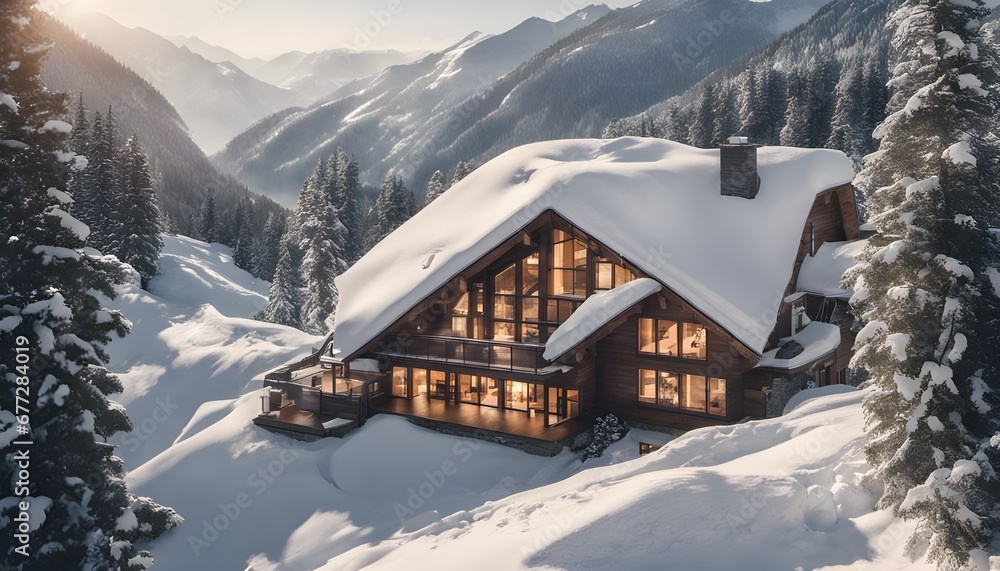 realistic image of a contemporary mountain retreat covered in fresh snow, with sunlight reflecting off the pristine white surface.