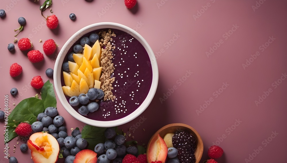 top view of acai bowl with decorations, one colored background top view of acai bowl with decorations, one colored background