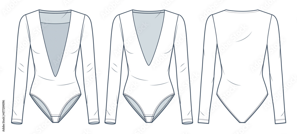 Plunging Bodysuit technical fashion illustration. Long Sleeve Bodysuits fashion flat technical drawing template, v neck, mesh, slim fit, front and back view, white, women CAD mockup set. - obrazy, fototapety, plakaty 