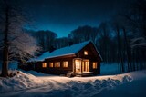 Wooden house with a light in the window. Night landscape in winter