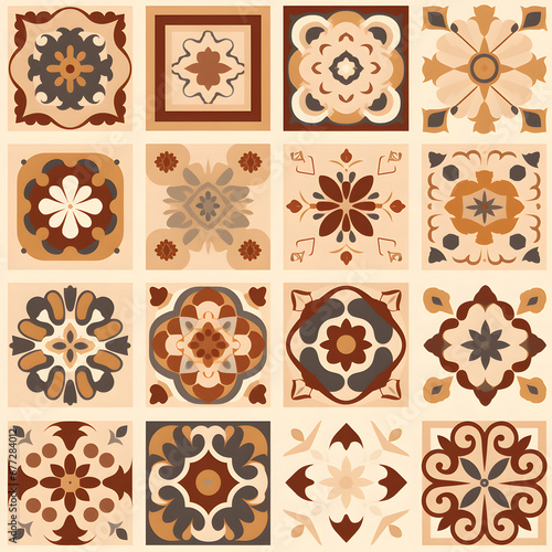 azulejo, seamless pattern. wall ceramic tiles. a repeating backdrop, a set of tiles in beige and brown colors. repeating background.
