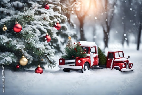 Christmas decoration with a toy truck carrying a Christmas tree and gifts in the snow in a winter park.