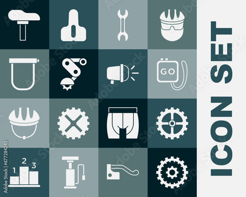 Set Bicycle cassette, sprocket crank, Stopwatch, Wrench spanner, Derailleur bicycle rear, lock, seat and head lamp icon. Vector