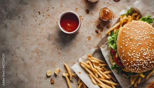 Overhead view of unhealthy fast food on table