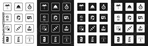 Set Compass, Airplane window, Location on the globe, Tropical palm tree, Rv Camping trailer, Hotel service bell, Yacht sailboat and Clock with airplane icon. Vector