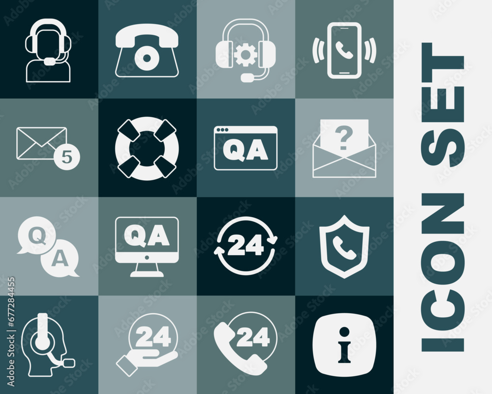 Set Information, Telephone 24 hours support, Envelope with question mark, Headphones, Lifebuoy, New, email incoming message, Man headset and Question and Answer icon. Vector Set Information, Telephone 24 hours support, Envelope with question mark, Headphones, Lifebuoy, New, email incoming message, Man headset and Question and Answer icon. Vector