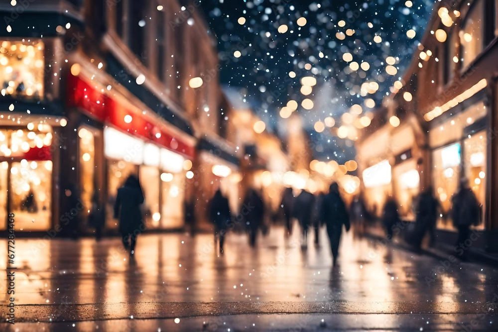 Gorgeously blurred shopping mall with Christmas lights and snowfall during a happy night or evening. Defocused Christmas abstract background.