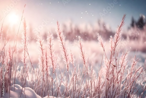 Beautiful winter nature background macro. Fluffy stems of tall grass under snow in winter in snowfall, toned pink. Fabulous fairy idyllic artistic image of winter. Very atmospheric picture.