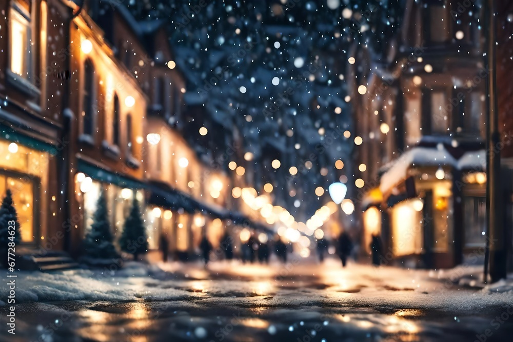 Gorgeously blurred city street with Christmas lights and snowfall during a happy night or evening. Defocused Christmas abstract background.