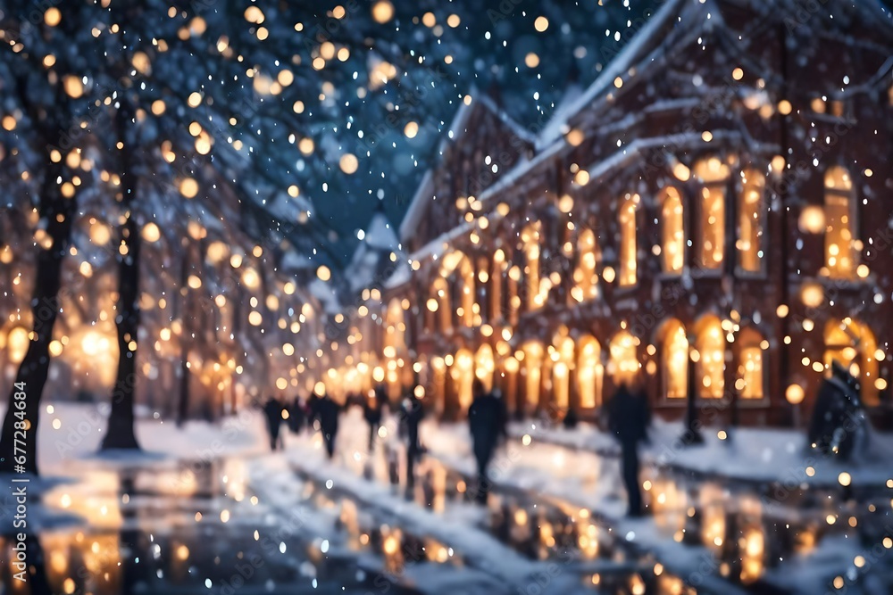 Gorgeously blurred university campus with Christmas lights and snowfall during a happy night or evening. Defocused Christmas abstract background.