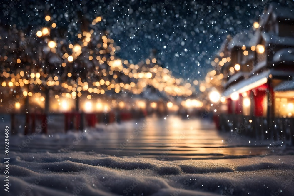 Gorgeously blurred beachfront boardwalk with Christmas lights and snowfall during a happy night or evening. Defocused Christmas abstract background.