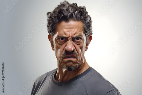 Scowl mature Latin American man, head and shoulders portrait on grey background. Neural network generated photorealistic image. Not based on any actual person or scene. © lucky pics