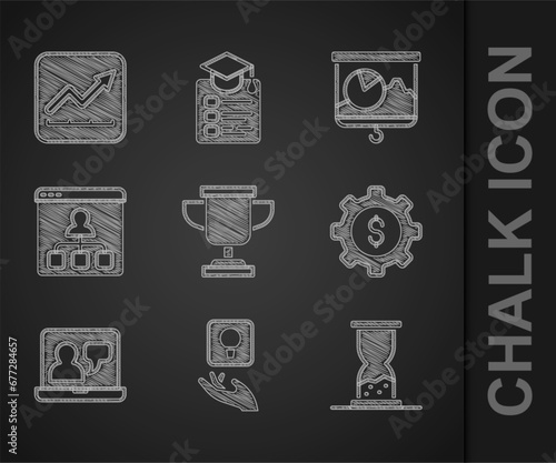Set Award cup, Light bulb, Old hourglass with sand, Gear dollar, Online education, Chalkboard chart and Financial growth increase icon. Vector