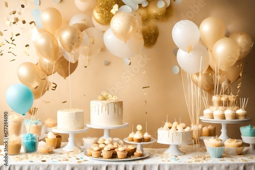 Light gold dessert table with balloons and confetti, baby shower concept for a boy.