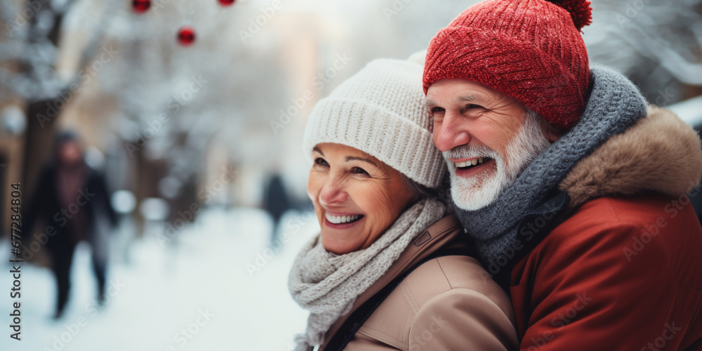 Older couple having fun - smiling. Winter landscape, senior man giving woman piggyback ride.