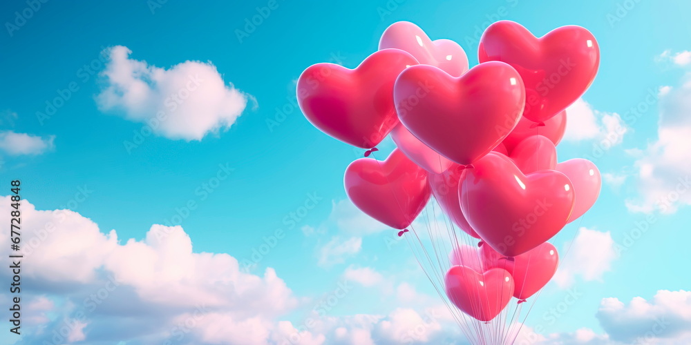 A bunch of heart-shaped balloons floating in the air.