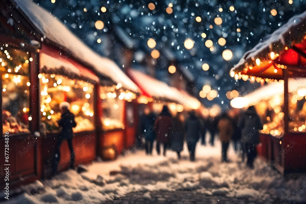 Gorgeously blurred festive market with Christmas lights and snowfall during a happy night or evening. Defocused Christmas abstract background.